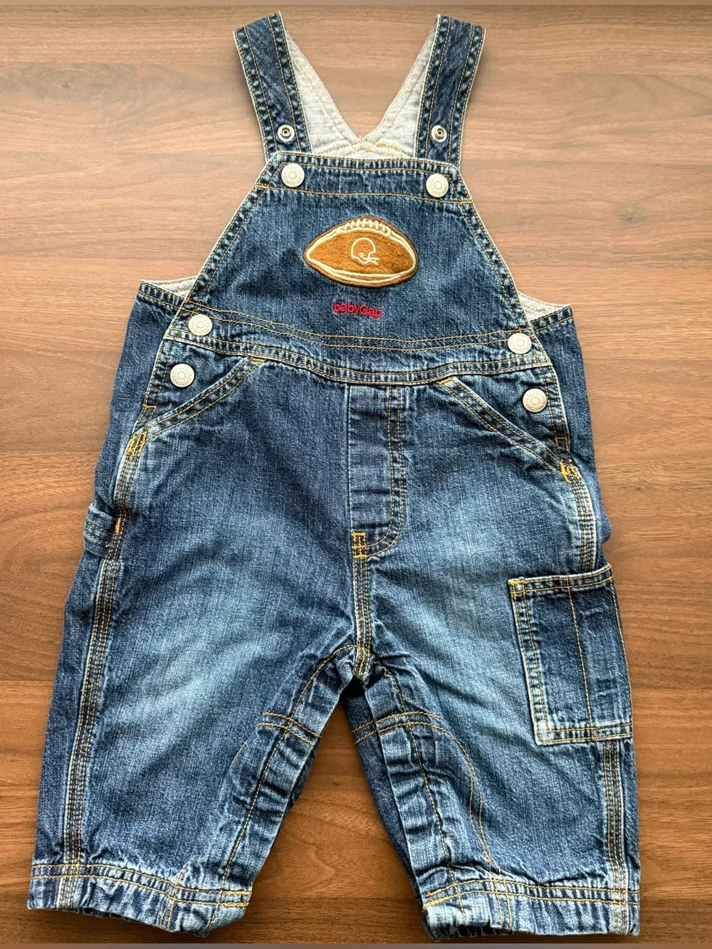 babyGap Football Denim Overalls w Patch Detail 6-12 Months Lined Denim Jumpsuit